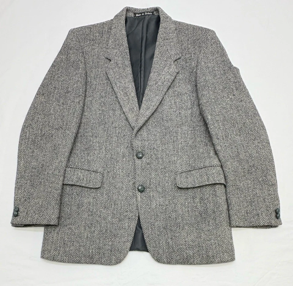 VTG 80s Dunn & Co Harris Tweed Two-Tone Gray Herringbone Wool Flannel Tweed 38R - Image 2 of 4