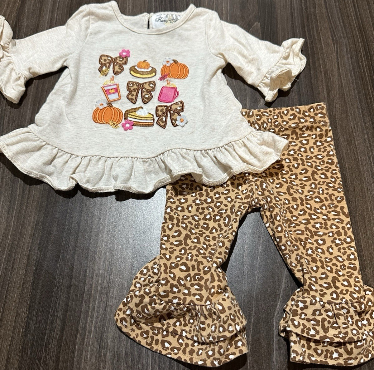Rare Editions Girls 3-6M 2pc Ruffle Long Sleeve Top Leopard Pants Pumpkin