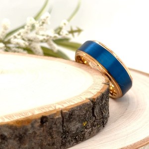 Authentic 8mm Gold Plated Tungsten Ring For Christmas Blue Brushed Scratch-Resistant Band