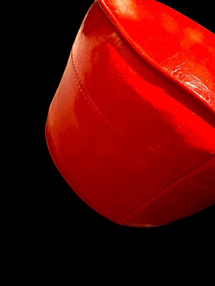 Antique VTG 60's Footstool Ottoman Mid Century Modern Round Shiny Red Pouf - Image 3 of 4