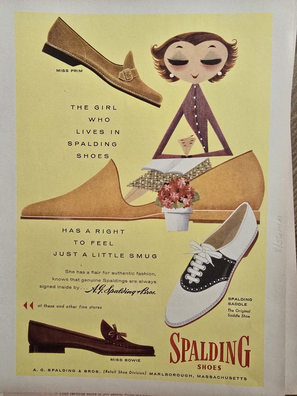 1956 Women's A.G. Spalding Saddle Miss Bowie Prim Shoes Vintage Fashion Art Ad 