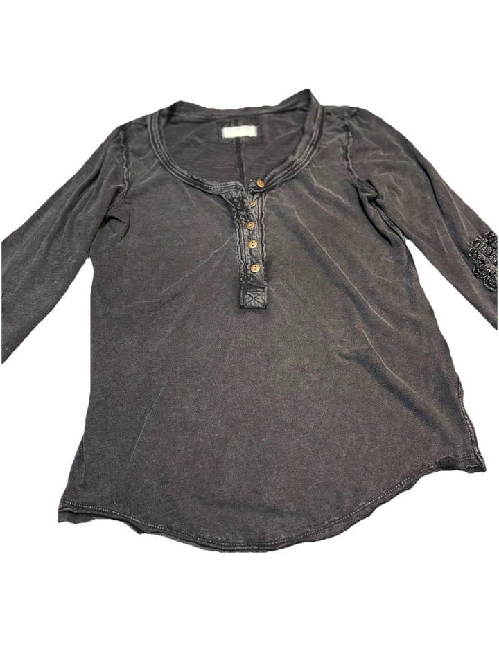Free People Our Song Henley Cuff Long-Sleeve Shirt XL Washed Black - Image 2 of 4
