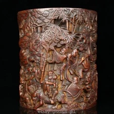 Chinese Wood Brush Pot Old Bamboo Carved Buddha Arhat Pen Holder Collection
