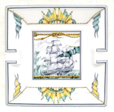 レア HERMES エルメス PATCHWORK スクエアトレイ 帆船 Hermes Paris Ashtray Sailing Ships Patchwork Porcelain Tray Plate