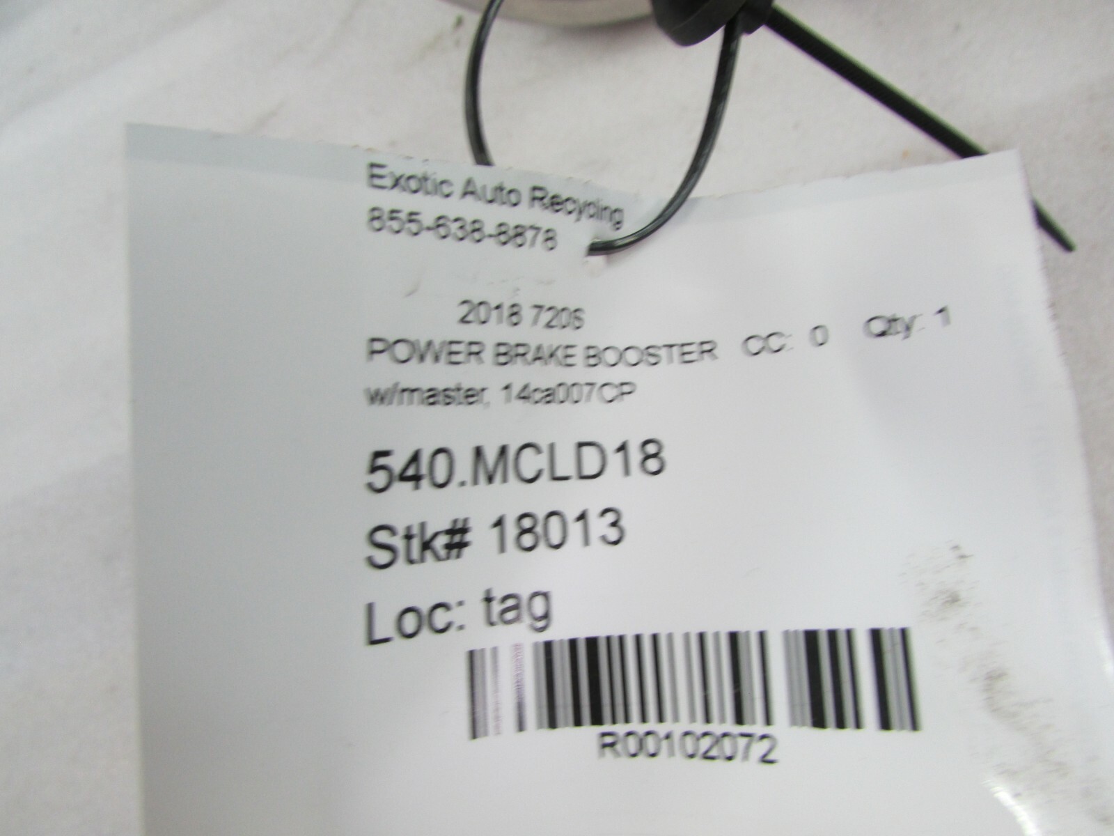 McLaren 720S, Power Brake Booster w/Master Cylinder, Used, P/N 14ca007CP