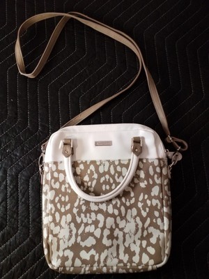 MICHE CROSSBODY FUX LEATHER IN WHITE AND TAUPE ANIMAL PRINT, ZIPPER...