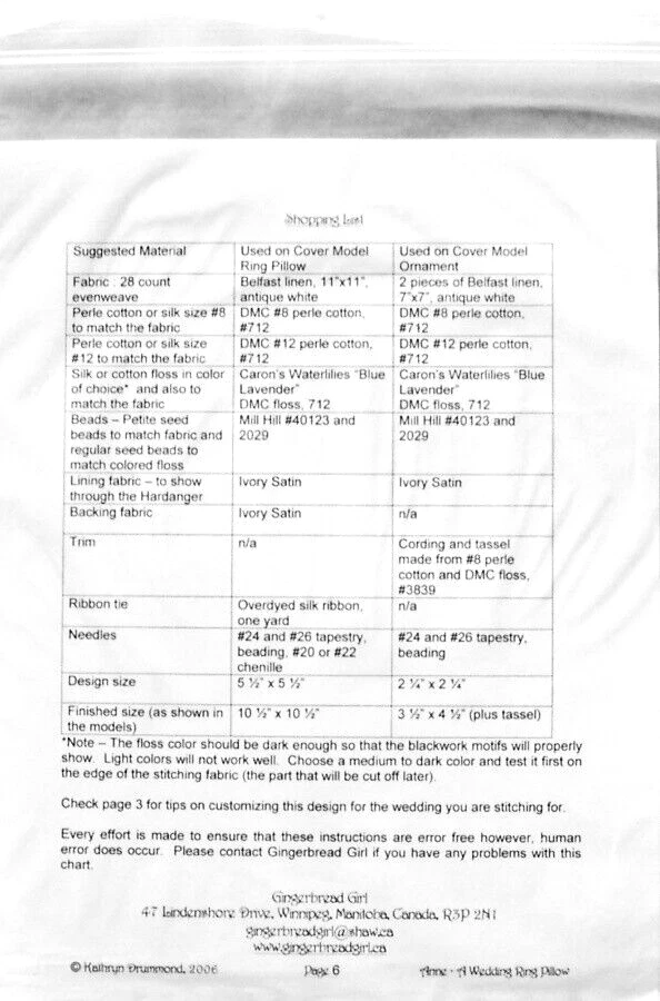 PATRÓN Hardanger Gingrbread Girl "ANNE - ANILLO DE BODAS ALMOHADA Y ADORNO" - ¡Nuevo! Foto 3 de 3