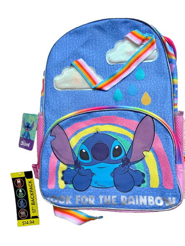Disney Stitch Girl's "Look For The Rainbow" 17" Backpack Front Pocket Free Ship