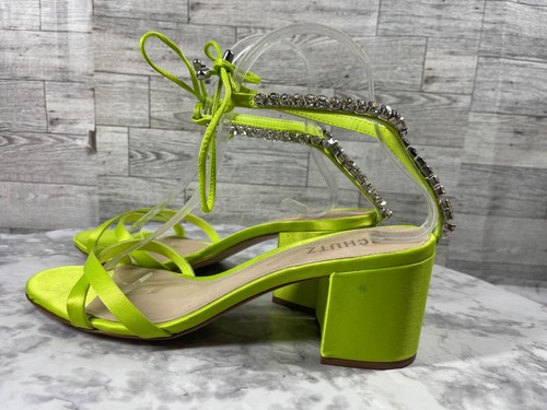 Schutz Sandals Women 9.5B Islah Shoes Green Yellow Satin Block Heel Rhinestones - Picture 7 of 18
