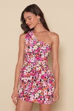Lulus Garden Pink Floral One-Shoulder Faux Wrap Mini Dress With Tie Waist