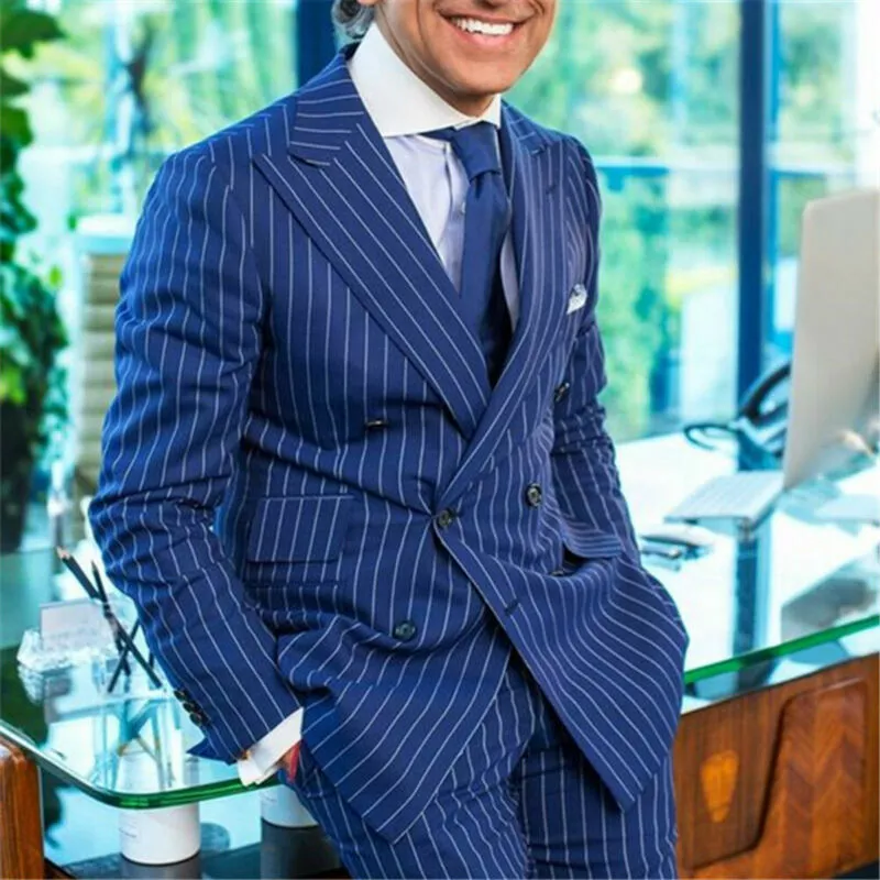 Men's Striped Suit Blue Pinstripe Tailored Fit Formal Double-breasted Party  Suit