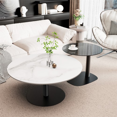 2x Modern Coffee Table Set Round Nesting Table Beech Wood/Sintered Stone + Glass - Picture 6 of 24