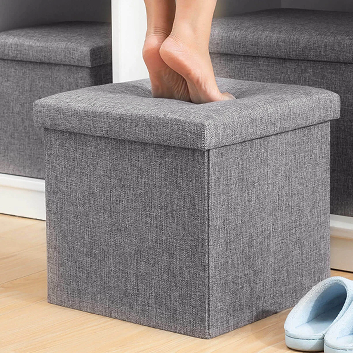 GREY LARGE 30CM LINEN FOLDING STORAGE OTTOMAN POUFFE SEAT FOOT STOOL STORAGE BOX