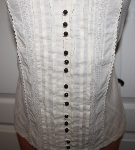 NWT! Pretty Cream SMALL Low Cut Pleated Button Front Peasant Blouse Top - Picture 3 of 8