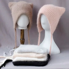 Cute Woman Winter Warm Fluffy Beanie Girl Hat W/Flap Ears Cashmere Knitted Hats