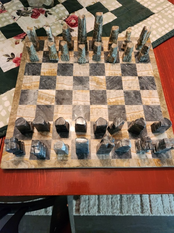 Handmade Contemporary Stone Chess Set w/ Stone Board, Gray & Beige