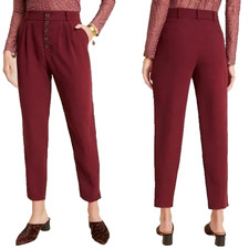 Anthropologie Sasha Button Fly Tapered Trouser Pant Burgundy Wine Size 0