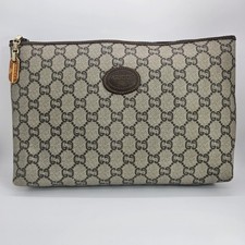 Gucci GG Monogram Zip Clutch Pouch Beige Brown Gold Hardware Charm Pockets