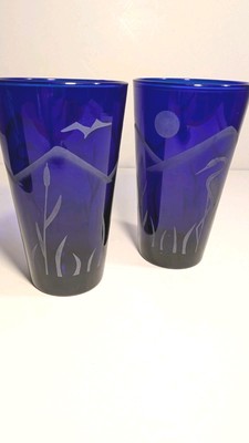 Cobalt Blue Tumblers, Moon, Mountains & Heron Etching