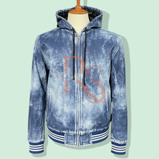 Men's Sky Blue Distressed Leather Hoodie In Cowhide and In Lambskin Leather