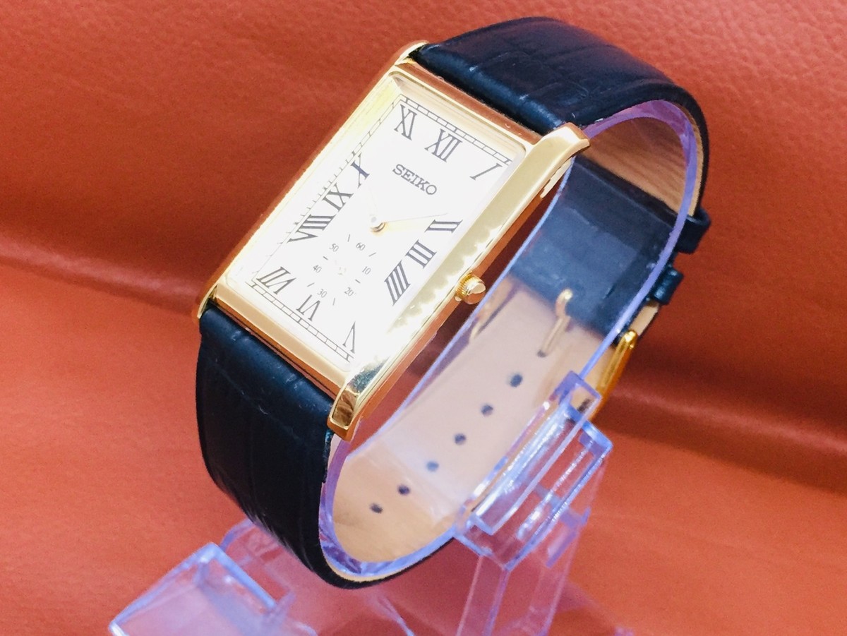 Vintage Seiko Tank Side Second Golden Roman Dial Black Leather