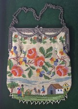 Antique Victorian Micro-Beaded Purse Intricate Silver Plate Frame Floral Scenic