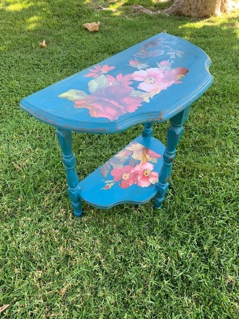 Vintage Wood Floral Teal Blue Half Moon Side Table - Image 4 of 4