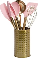 Paris Hilton Kitchen Set Tool Crock with Silicone Cooking Utensils Pink and Gold