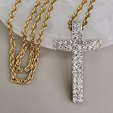 Rhinestone Cross Necklace Clear Glass Pave Gold Tone Rope Chain Chunky 24"