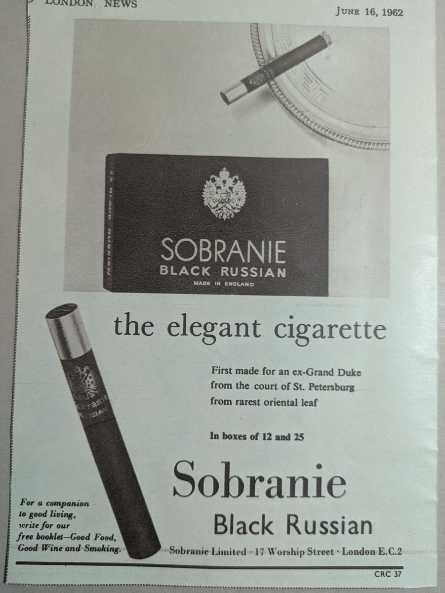 why are polly's cigarettes black Sobraine Black Russian Cigarettes 1962 Original Small Magazine Advert