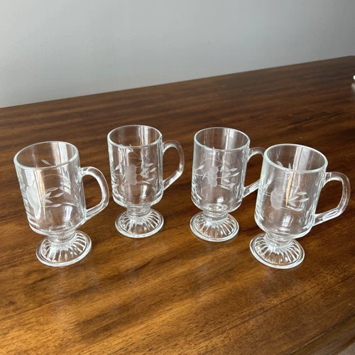 Set Of 4 Princess House Heritage Pedestal Mugs Etched Pressed Glass France 8oz