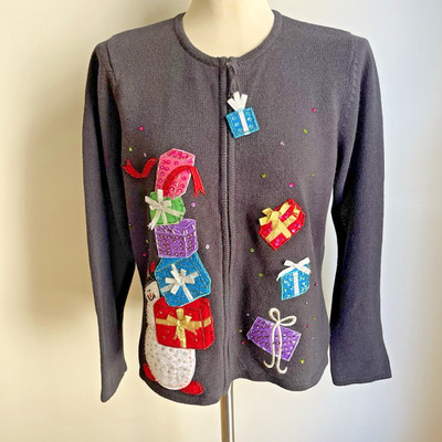 Vintage Tiara International Christmas Cardigan Sweater  Zip Beaded Gifts Large