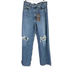 Levis Premium Jeans Womens 31 Blue High Loose Distressed Straight Wide Leg NEW