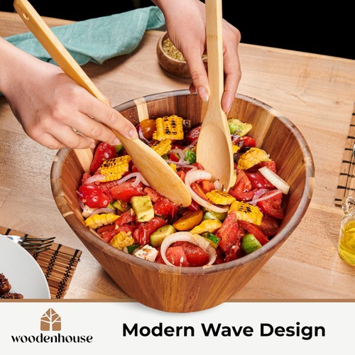 Wooden Salad Bowl, Wooden Bowl, Fruit Bowl - 12" Wavy Large Salad Bowl for Se... - 第 5/7 張圖片