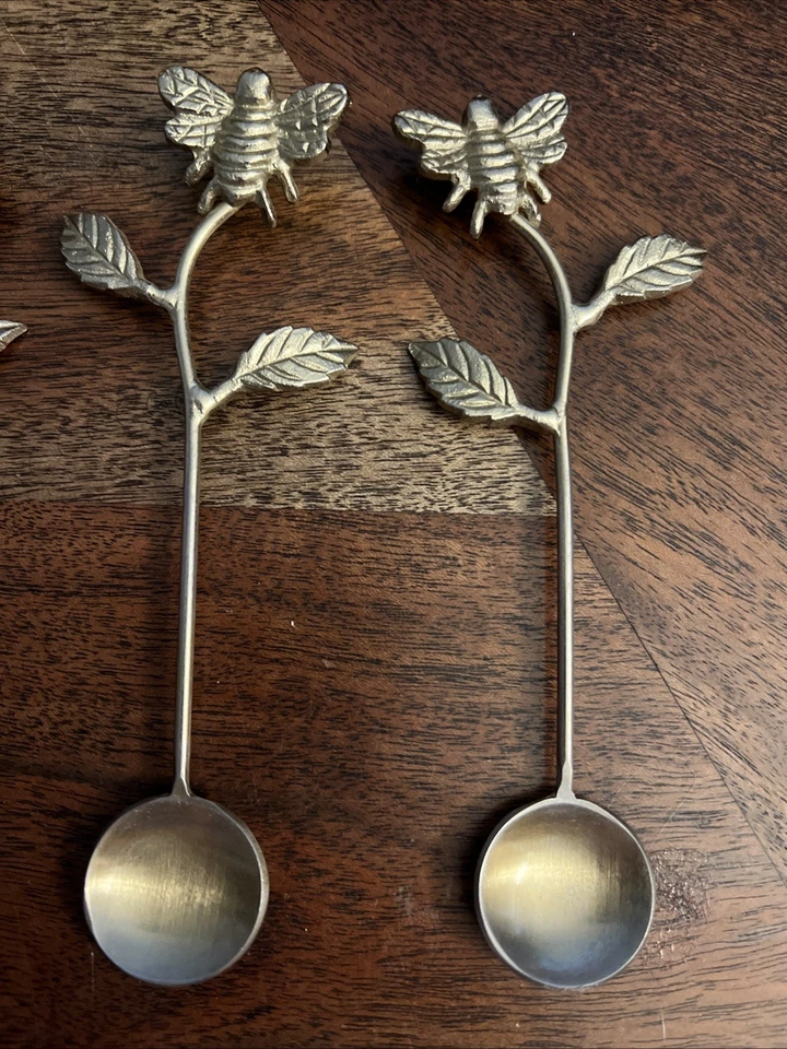 Vintage Gold Tone Spoon Set of 4 Bees Flowers 5 inch Stirrer Sugar Round Kitchen - Image 2 of 4