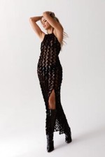 BNWT NastyGal Sheer Zigzag Sequin Open Back Maxi Dress Black Size:14 RRP:£65.00