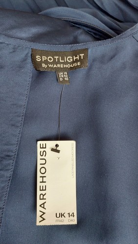 o NWT Warehouse Spotlight Size 14 Dress Blue & Black Lace Pleated Sheer Chiffon - Picture 8 of 10