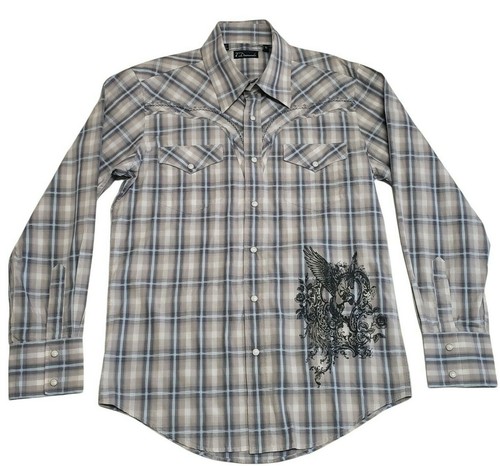 7 Diamonds Western Pearl Snap Long Sleeve Gray Plaid Shirt Men's Size Medium M