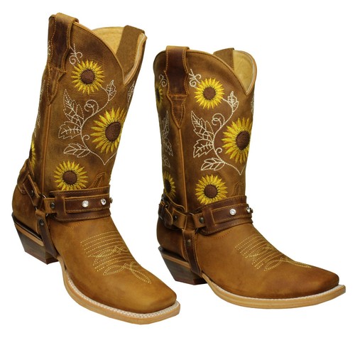 Sunflower Genuine Leather Western Cowgirl Boots Square Toe Botas Vaqueras |  eBay