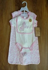NWT Chick Pea Girls 3 Piece 100% Cotton Set Pink Sleep Bag, Bodysuit, Bib 0-3 M