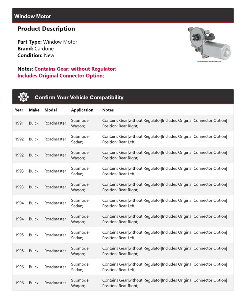Para Buick Roadmaster 1991-1996 Ventana Motor Cardone 1992 1993 1994 1995 Foto 2 de 4