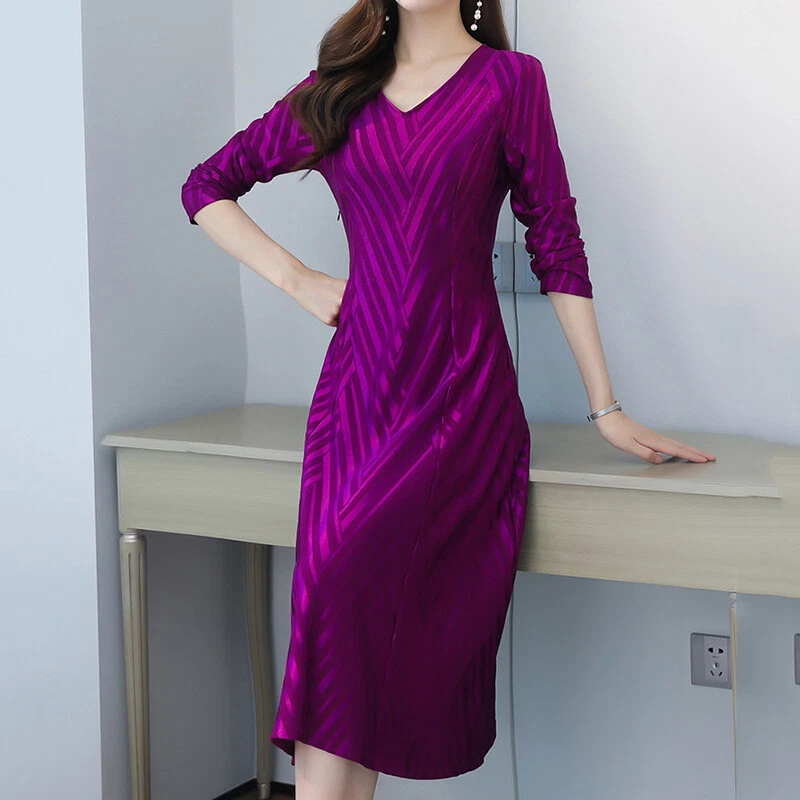 VETEMENTS Abito donna midi linea A manica lunga scollo a V slim ufficio lavoro festa elegante