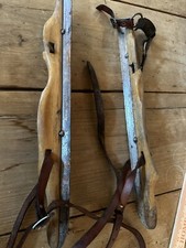 Antique 1900s Primitive Wooden Ice Skates Steel Blades Leather Straps