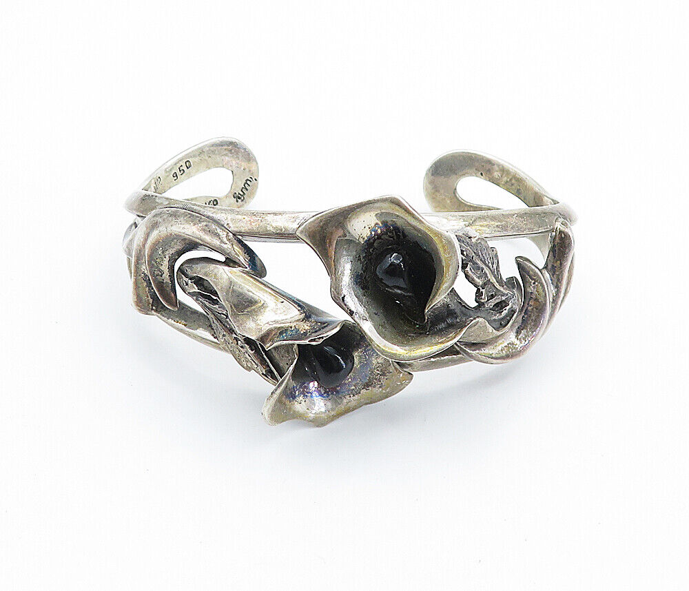 MEXICO 925 Silver Vintage Black Onyx Sculpted Flowers Cuff MEXICO 925 Silver Vintage Black Onyx Sculpted Flowers Cuff