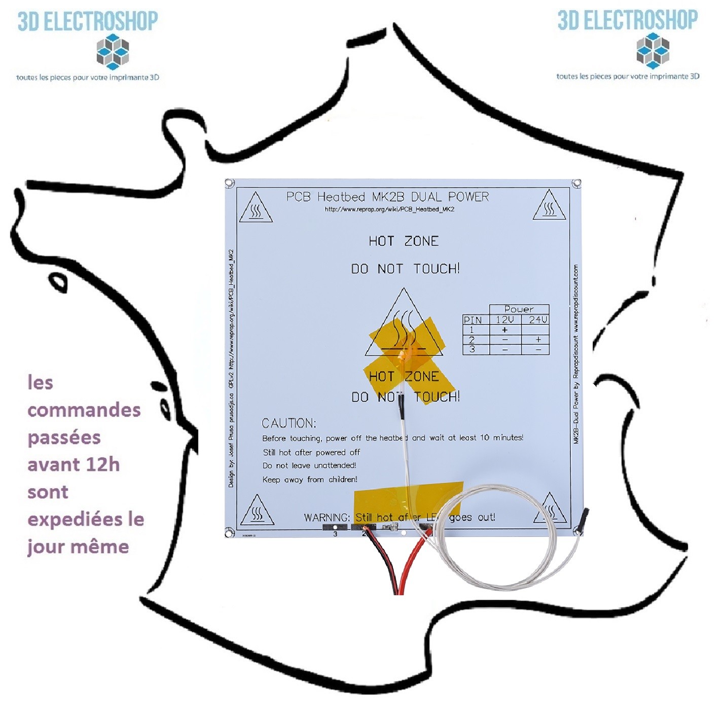 Plateau chauffant MK2B blanc 12V pré-câblé pour imprimante 3D