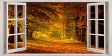 Autumn Canvas Picture Path Leaves Forest Trees 3D Effect Window Wall Art Prints