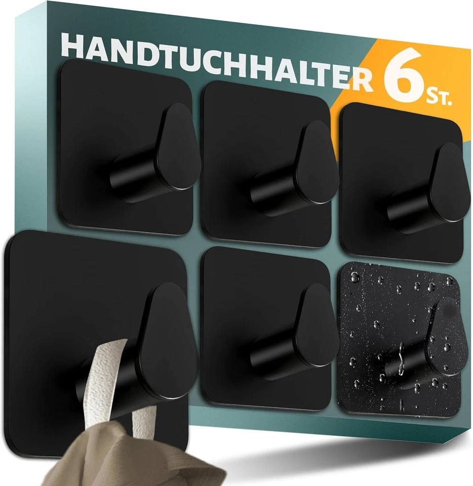 Menz Handtuchhalter ohne Bohren 6er SET in Schwarz - Handtuchhaken Bad - Bild 1 von 1