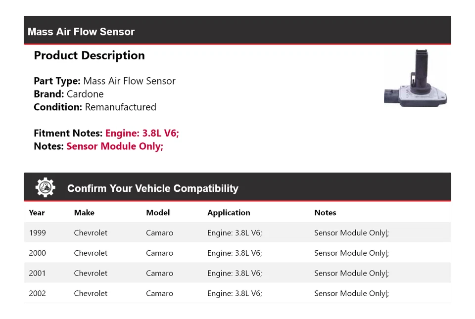 Sensor de flujo de aire masivo Cardone 2000 2001 para Chevrolet Camaro 1999-2002 3,8 L V6 Foto 2 de 4
