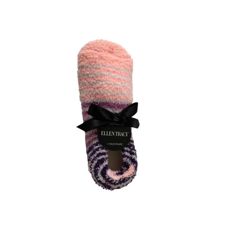 9-11 Ellen Tracy Nuevo Par Calcetines Difusos Agarre Parte Inferior Rosa Púrpura Rayas Foto 4 de 4