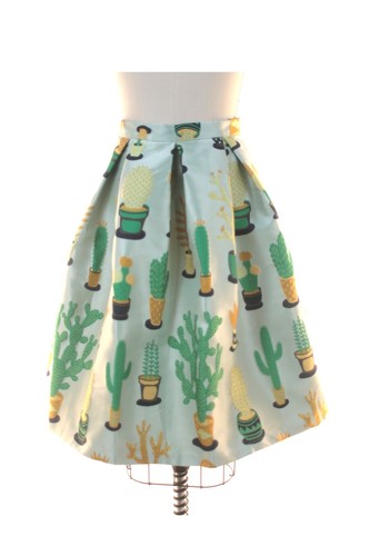 NEW XS FROCK SHOP Light Green Brocade Cactus Pattern Pleated Skirt w Pockets - Photo 1 sur 6